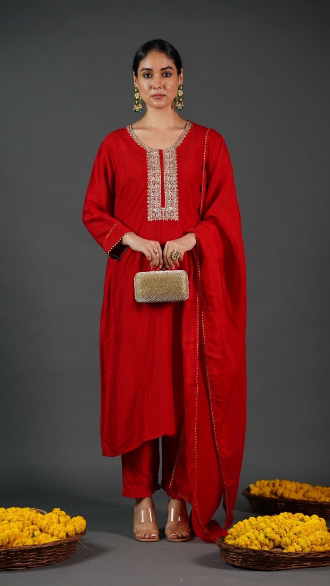 Benazir: Red Russian Silk Embroidery Kurta Pants and Dupatta (Set of 3)