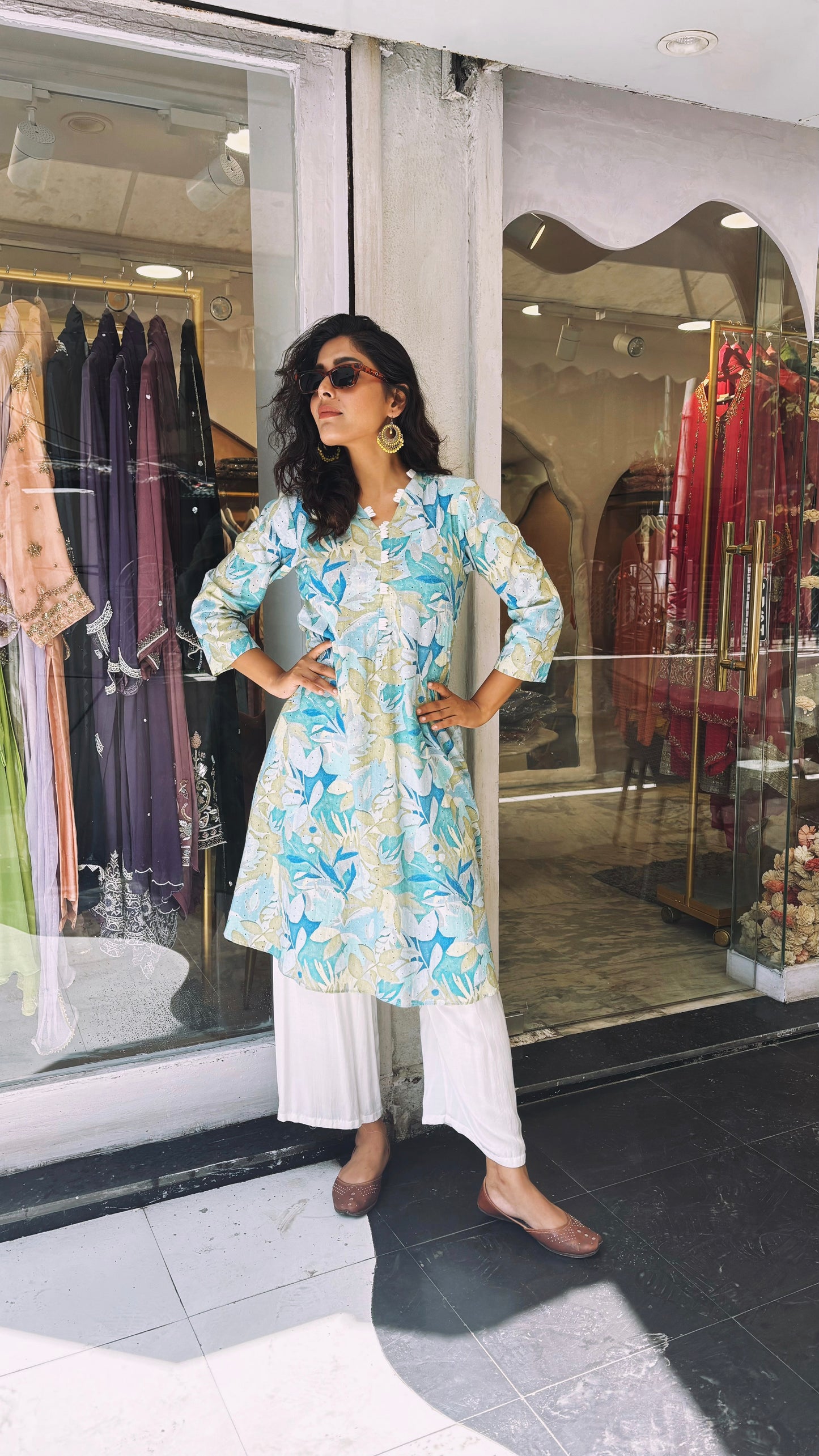 Afreen : V Neck with A Line Cotton printed kurta with Pant.