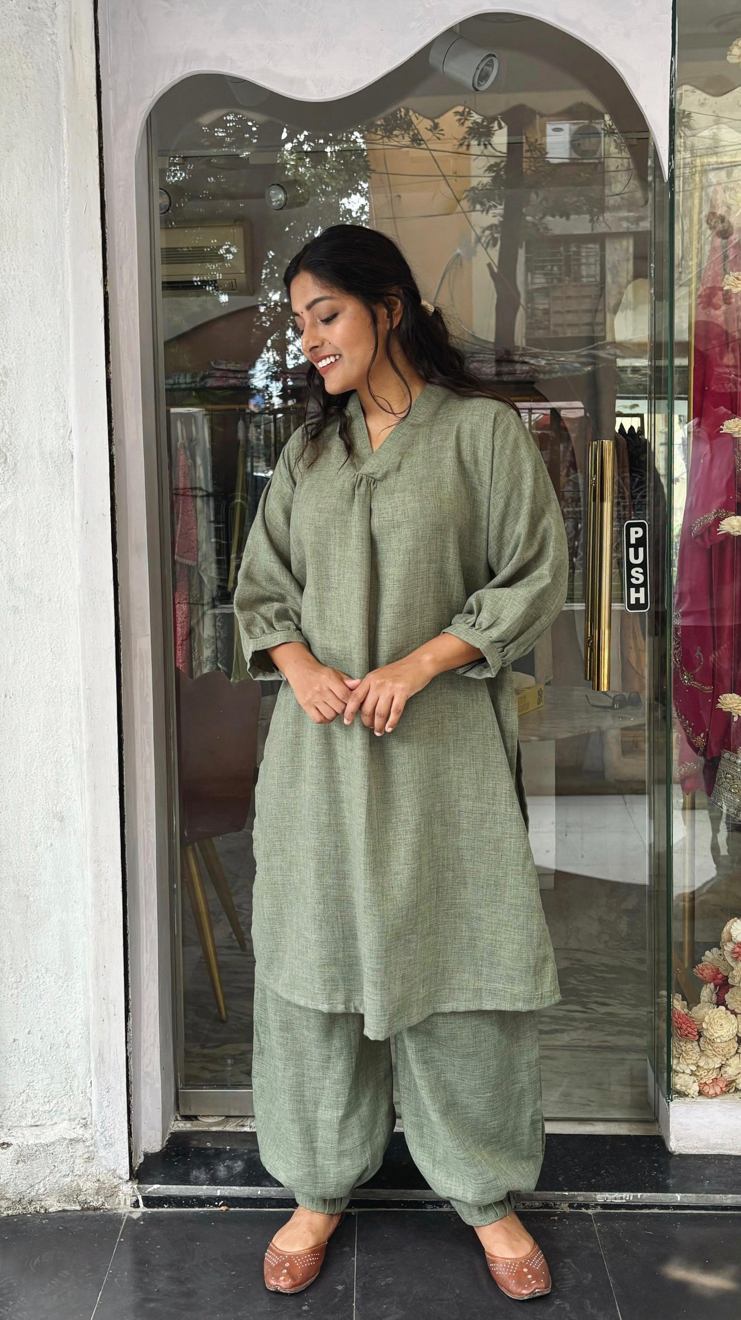 Eiliyah : Jute Cotton Co-ord Set Olive Green