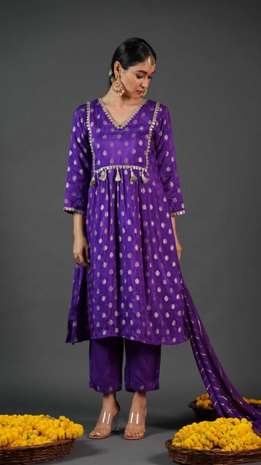 Zareen: Purple Jacquard Silk Kurta Set
