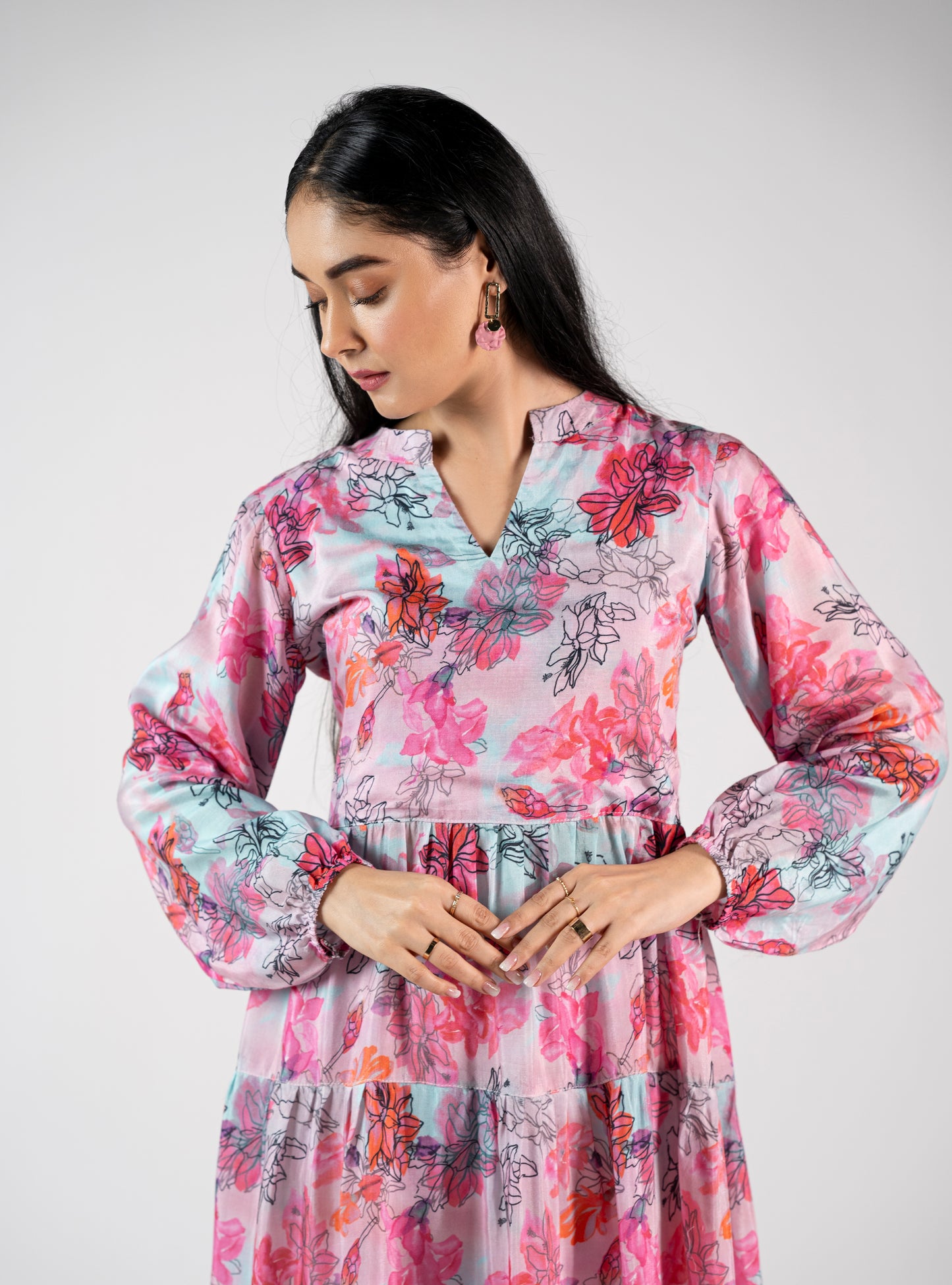 Elizeh : Brink Pink Floral Pleated Tunic with Cambric