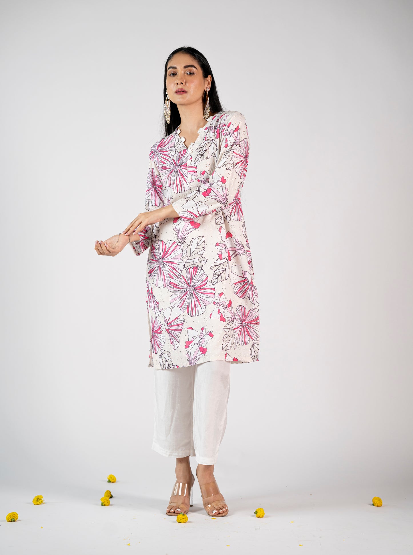 Afreen : Pink V Neck with Straight Cotton printed kurta with Pant.