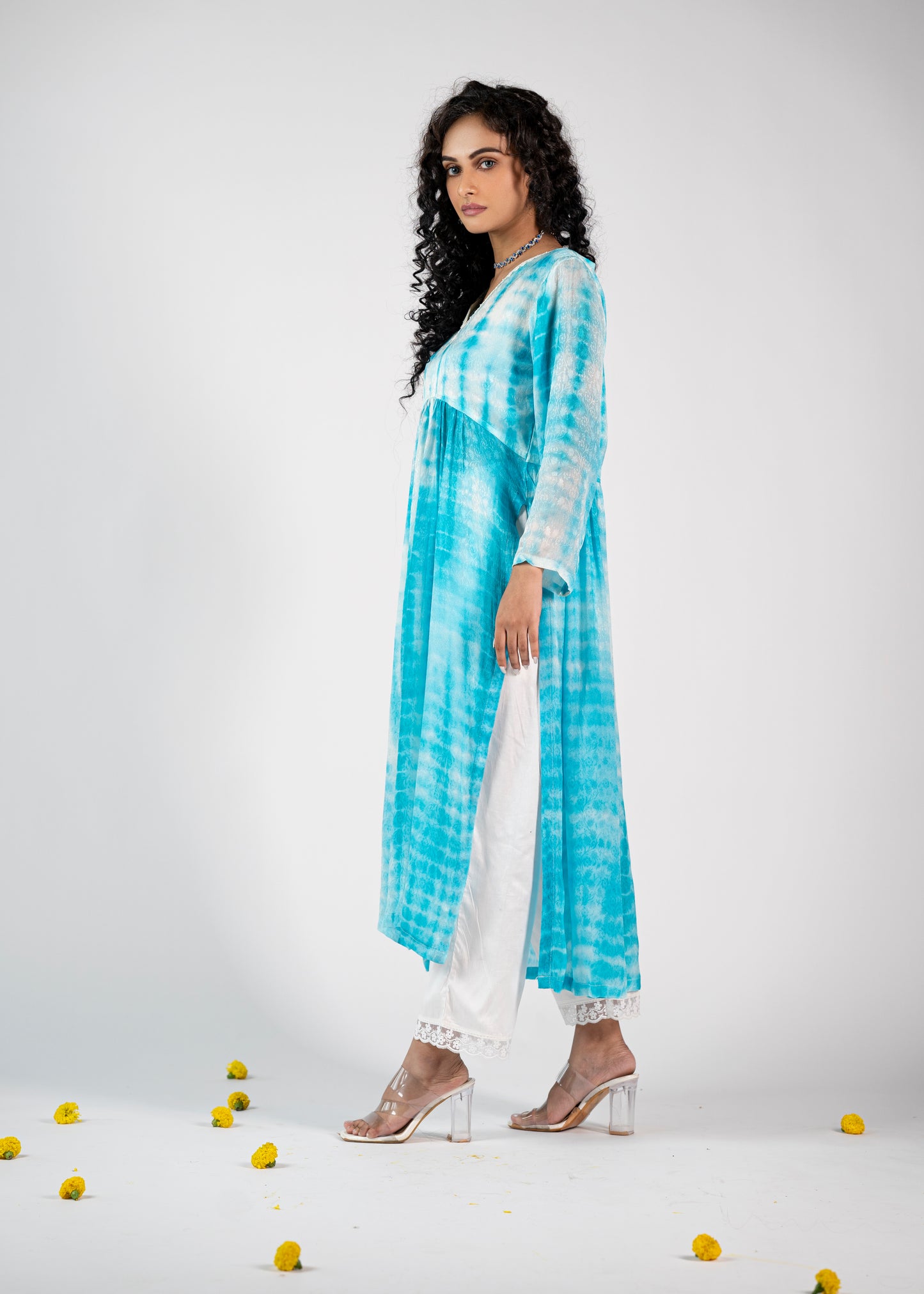 Heena: Nyra Cut Embossed Chiffon printed kurta with Pant Set