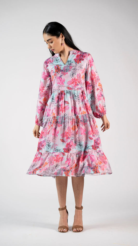 Elizeh : Brink Pink Floral Pleated Tunic with Cambric