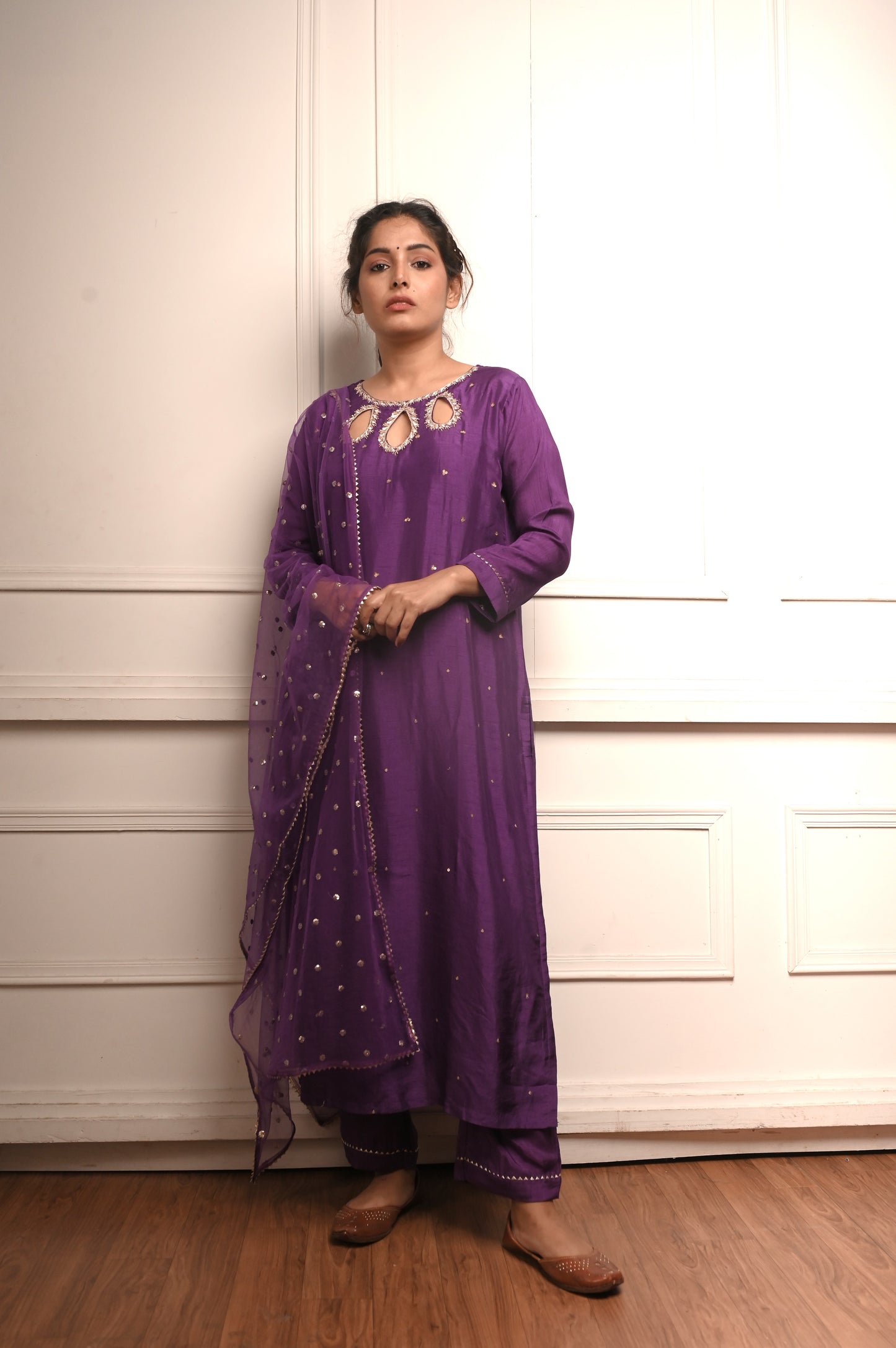 Nafisa: Purple Dola Neck Cutwork Kurta and Pants with Beautiful Net Dupatta (Set of 3)