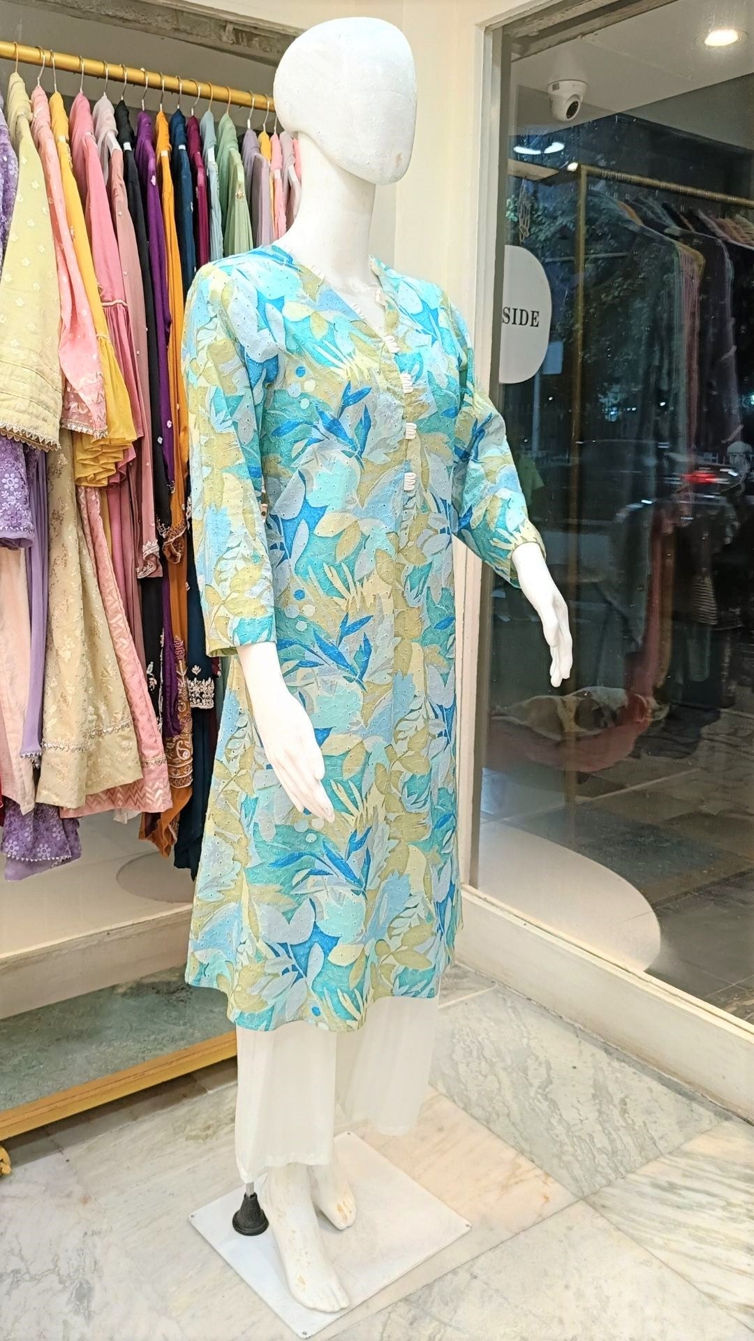 Afreen : V Neck with A Line Cotton printed kurta with Pant. - INDSIDE