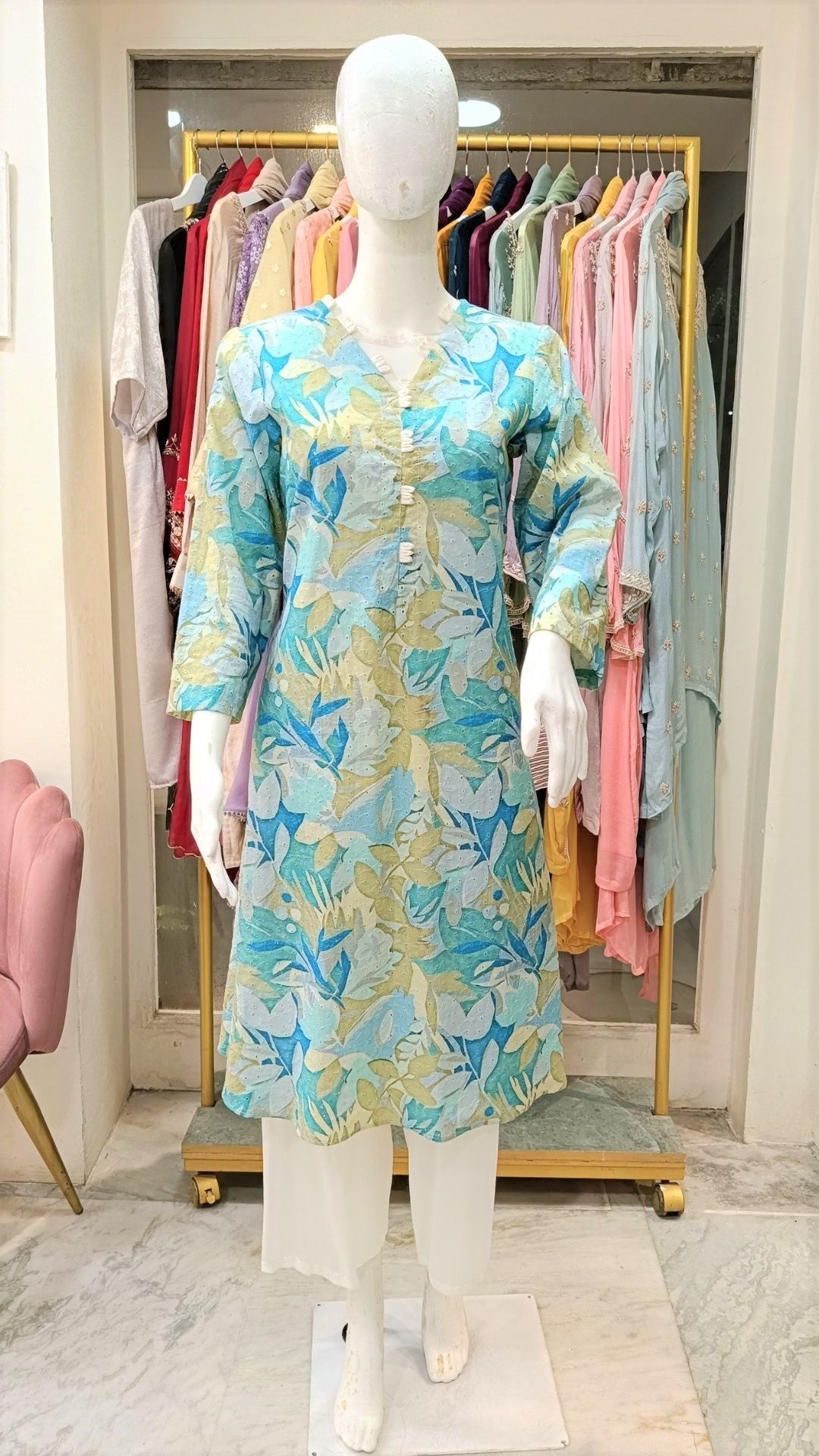 Afreen : V Neck with A Line Cotton printed kurta with Pant. - INDSIDE