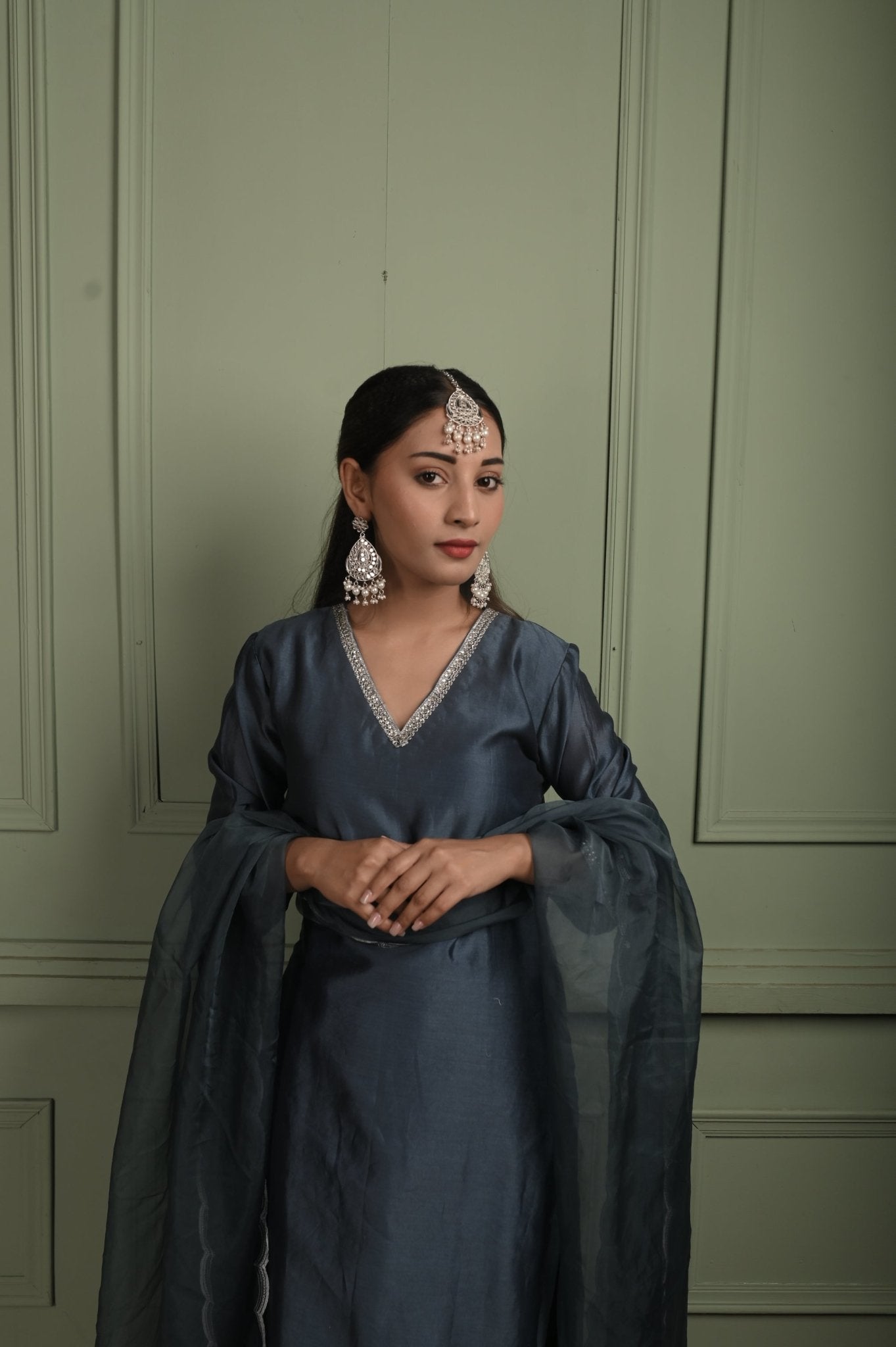 Hiba: Midnight Blue Chanderi Set with Dupatta - INDSIDE