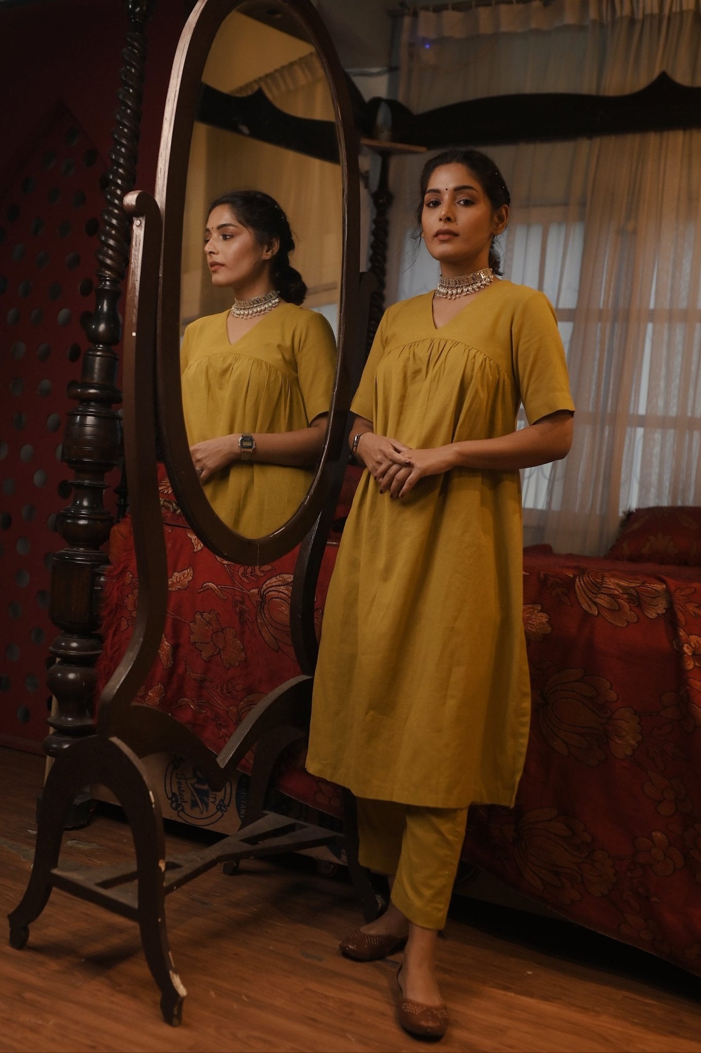 Mahi: Khadi Cotton Co-Ord Set Mustard - INDSIDE