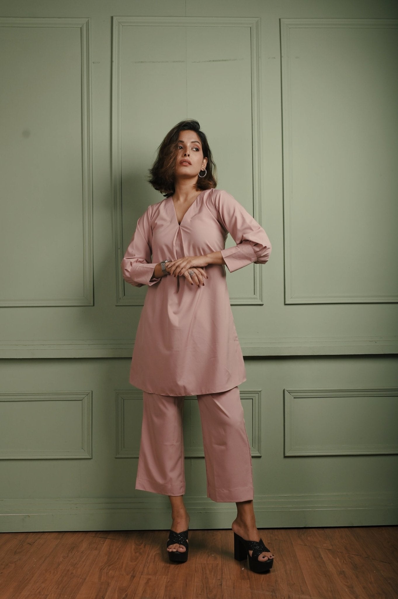 Shaheen- Dior Silk Co-Ord Set Light Pink - INDSIDE